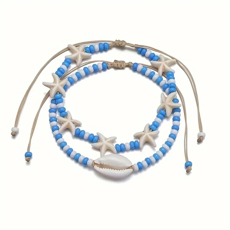 Boho Beach Anklet Set With Seashell and Starfish Charms